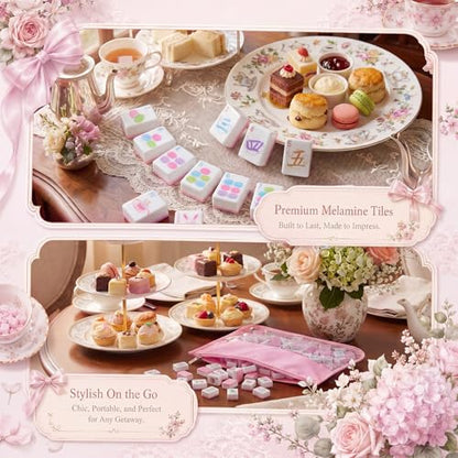 Soulchen 1.2 Inch Pink Tea Party Themed American Mahjong Tiles Set | Complete 168 Pastel Melamine Tiles with Dice Large Tote Bag Portable Pouch for Game Night Travel Vacation Collection Gift