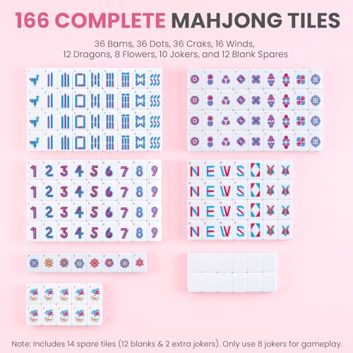 American Mahjong Tile Set - 166 Pink Engraved Melamine Tiles 1.2 Inch - Easy Read Numbered Set with Bag, Dice, Chips, Rulebook & Reference Cards