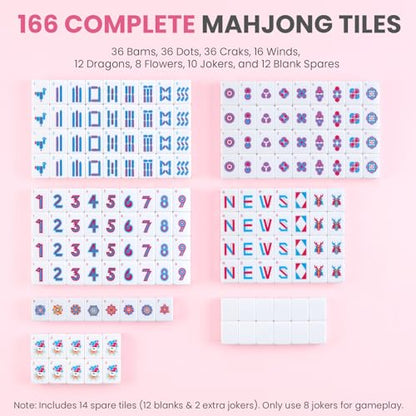 American Mahjong Tile Set - 166 Pink Engraved Melamine Tiles 1.2 Inch - Easy Read Numbered Set with Bag, Dice, Chips, Rulebook & Reference Cards