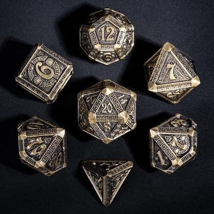7-Piece Metal Dice Set - Mayan-Themed Zinc Alloy DND Dice for Tabletop Gaming, Gift, and Collecting - color: Mayan-themed-antique Bronze