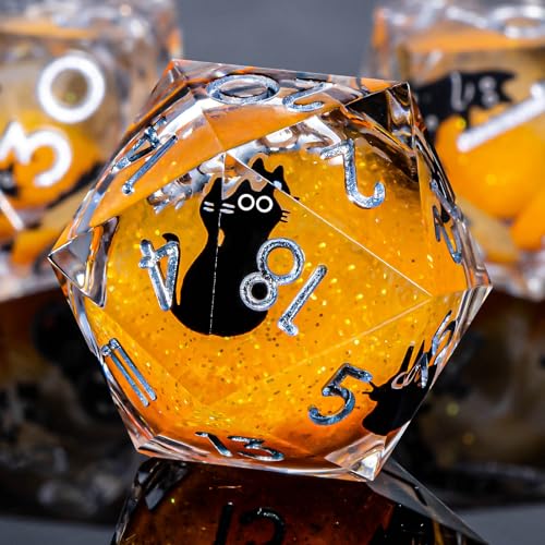 Roycevon Resin DND Dice Set with Gift Box, 7Pcs Liquid Core Cat D&D Dice, Cute Dungeons Dragons D and D Dice, Sharp Edge Role Playing Game Dice D20 D12 D10 D8 D6 D4, Orange - color: Orange