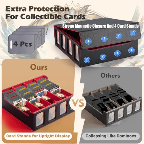 Ultra-Capacity 4-Row Trading MTG Card Storage Box with Display, Holds 3000+ Cards with Dividers & Card Holders, PU Leather Commander Deck Box for MTG, YuGiOh, TCG Deck Box, Sport Cards (Black / Red) - color: Black / Red