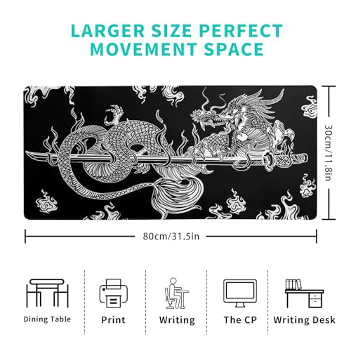 Dragon Gaming Mouse Pad - Black, Large (31.5x11.8 Inch), Non-Slip Base, Stitched Edge for Gaming & Office - color: Dragon