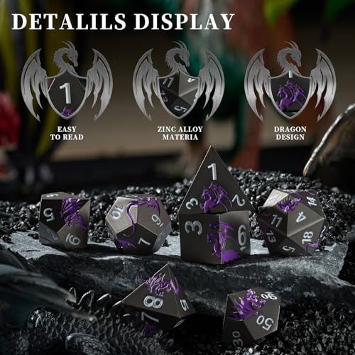 Metal Dice Set,7-Piece Dragon DND Dice for TTRPG,Black Purple | Dragon-Engraved Design,Heavy Zinc Alloy, Easy-to-Read Numbers,Magnetic Gift Box for DND Players,Gamers&Collectors - color: Black With Purple