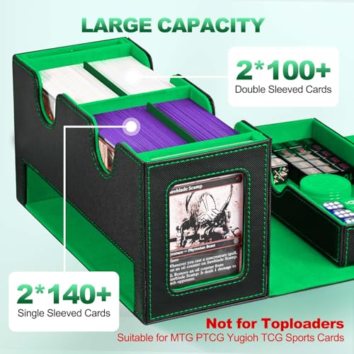 UAONO 3-in-1 MTG Commander Deck Box, Black Green | 2 Magnetic Card Holders & 1 Dice Tray, Fits 200 Double Sleeved, Card Organizer Compatible with Magic the Gathering - color: Black&Lemo Green