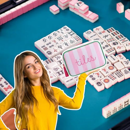 Sanwuta 1 Pcs Mahjong Tile Bag with Zipper,Pink,Striped | Embroidered Mahjong Case for 166 American Mahjong Tiles (1.2") Portable Bags for Board Game Party Gathering Travel - color: Pink, style: Classic