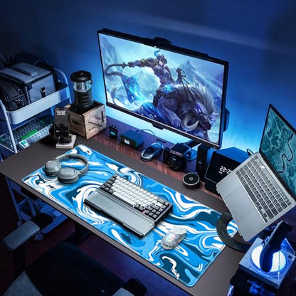 Canjoy Gaming Mouse Pad, Fluid Pattern Mouse Pad 35.4x15.7inch Large Extended Computer Mouse Mat Keyboard Full Desk Mousepad for Gaming, Office, Home - color: Blue-White Fluid, size: 900*400mm