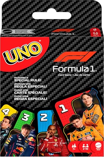 Mattel Games UNO F1 Card Game for Kids, Families, Travel & Camping, Deck Features Images from the World of Formula 1 Racing - style: UNO F1