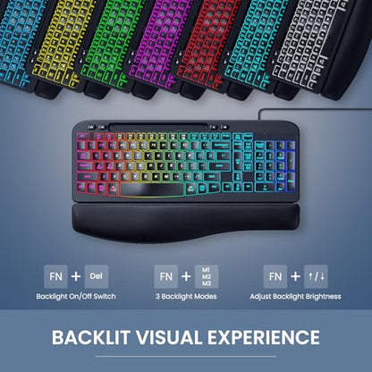 VEILZOR Wired Ergonomic Keyboard, 7-Color Backlit USB Computer Keyboard with Wrist Rest, Wave Keys, Phone Holder, Lighted Keyboard Compatible with PC, Laptop, Windows, and Mac