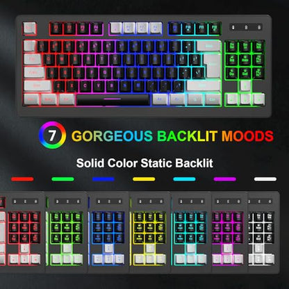 BlueFinger Wireless Gaming Keyboard and Mouse Combo, RGB Rainbow Backlit Rechargeable Battery, 87 Keys TKL Light Up Keyboard with Ergonomic Gaming Mouse for Mac Laptop Computer PC Gamer(White & Black) - color: White & Black