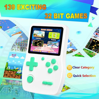 32 Bit Handheld Games for Kids Preloaded 139 Retro Video Games, White | Portable Video Gaming Player with 3.0" IPS Screen Rechargeable Battery,Mini Travel Games Electronic Gifts Toys for Boys Girls - color: White
