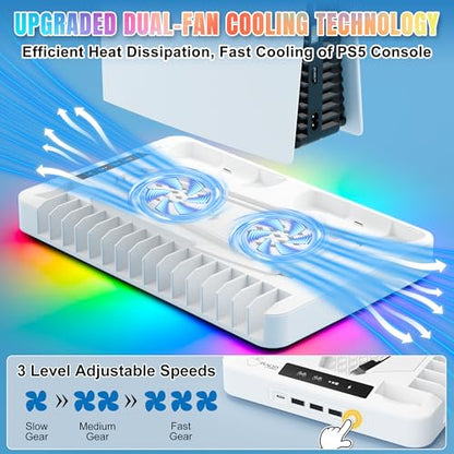 PS5 Cooling Station for PS5/Slim/Pro Disc & Digital Console – Includes USB Port Extender & Ps5 Accessories – Ps5 Stand with Cooling Fan 3 Level Adjustable, Dual Controller Chargers and RGB Lights