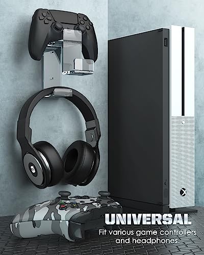 MoKo Controller Wall Mount, Dual Gamepad Headphone Hanger for PS5 Xbox | Holds 2 controllers and one headset, saves desk space, fits PS5 PS4 Xbox Switch Steam Deck and most gamepads - color: Clear