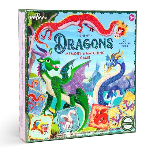 eeBoo Shiny Dragons Memory & Matching Game, Ages 3+, 1-4 Players | Introduces mythical dragons. Sharpens recognition, concentration & memory skills. Includes 48 foil tiles, 24 pairs - style: Shiny Dragons