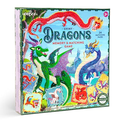 eeBoo Shiny Dragons Memory & Matching Game, Ages 3+, 1-4 Players | Introduces mythical dragons. Sharpens recognition, concentration & memory skills. Includes 48 foil tiles, 24 pairs - style: Shiny Dragons