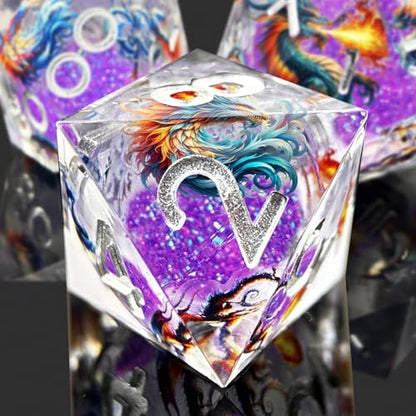 DND Dragon Resin Dice Set 7 Pcs Polyhedral Dice/Transparent Resin Dice with Embedded Dragon Phoenix Art, Premium Tabletop Game Dice for TTRPG, Pathfinder, MTG (Purple & Silver) - color: 6 Purple & Silver