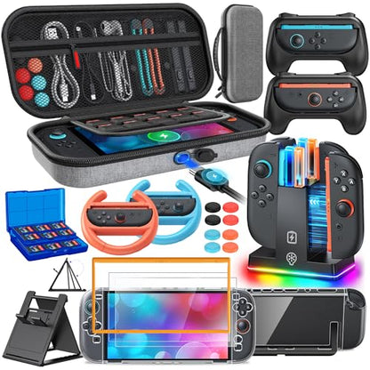 Switch 2 Accessories, Case Budle with Charger, Grip & Wheel for Nintendo 2 | FYOUNG [Charge Inside] Travel Hard Case, Charging Dock, Ergonomic Grip&Steering Wheel for Mario Kart,Tempered Glass -Grey - color: Grey