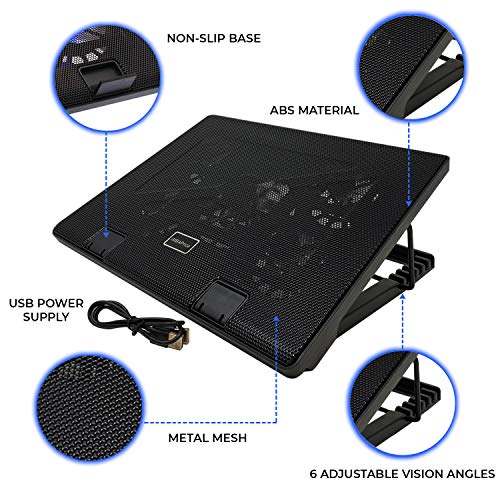 iMBAPrice Black Laptop Cooling Pad, Laptop Cooler with 5 Blue Quiet Fans for 12"-17" Notebook Computer PC Gaming Laptop Fan, Height Adjustable Laptop Cooling Stand Laptop Accessories, 1-Pack