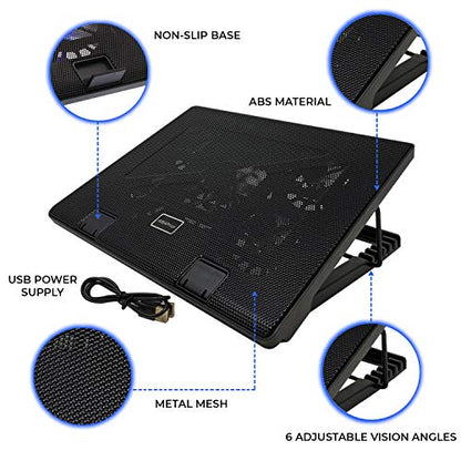 iMBAPrice Black Laptop Cooling Pad, Laptop Cooler with 5 Blue Quiet Fans for 12"-17" Notebook Computer PC Gaming Laptop Fan, Height Adjustable Laptop Cooling Stand Laptop Accessories, 1-Pack