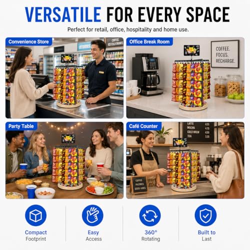 Chip Rack Display Stand, 360° Rotating 6-Sided Chip Holder Display for Countertop with 75 Adjustable Clips, Wooden Base Tray, DIY Message Board & Pen, Snack Display Rack for Concession Stand, Retail, Office, Parties - size: Rotatable use