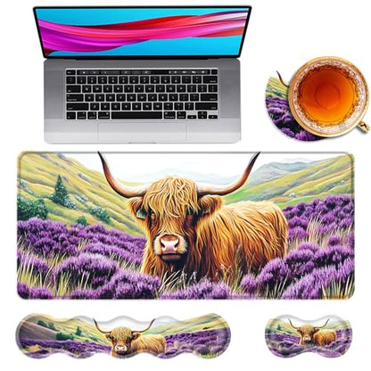 Large Mouse Pad and Keyboard Wrist Rest, Desk Pad for Keyboard and Mouse, 4-in-1 Large Gaming Mouse Pad with Wrist Support, Desk Mat for Home Office Study Game,Cute Highland Cow - color: Cute Highland Cow