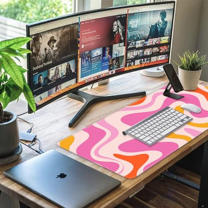 iCasso Large Mouse Pad (35.4x15.7 in), Keyboard Mouse Mat Desk Pad for Work | Desk Mat Gaming Mousepad with Stitched Edges, Game, Office, Home-Pink Topographic - color: Pink Topographic