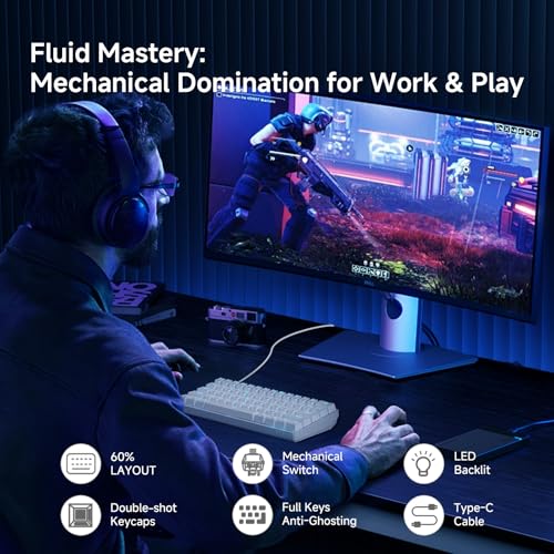 TMKB 60% Mechanical Gaming Keyboard, Red Linear Switch, Wired, White | LED Backlight, Anti-Ghosting, Detachable USB-C, Double-Shot Keycaps, 61 Keys - style: White