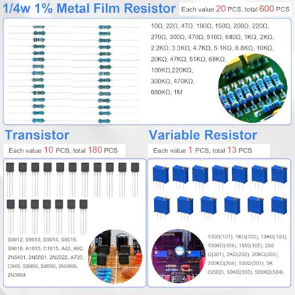 Electronic Component Kit, 1780 Pcs DIY Electronics Kit with Resistors,Capacitor,LED Diodes,Transistors,Dupont Wire,Breadboard,PCB,Potentiometer,Triode,IC,Crystal Oscillator,Buzzer,Switch,Motor,Speaker - style: 1780 Pcs