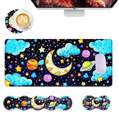 Mouse Pad,Large Desk Mat Set, 4in1 XL Mousepad + Keyboard Wrist Rest+Mouse Wrist Rest+Coaster with Ergonomic Desk Pad for Home Office Table Computer Cover -Colored Universe - color: Colored Universe