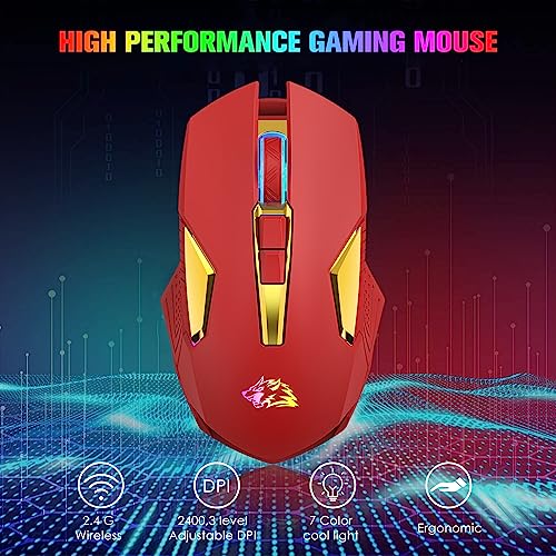 FELICON Wireless Gaming Mouse Rechargeable with Rainbow RGB Backlit,Optical Sensor 3 Level DPI,Ergonomic Gamer Laptop High Performance PC Mice with 8 Buttons for Windows 7/8/10/XP Vista（Red） - color: Red
