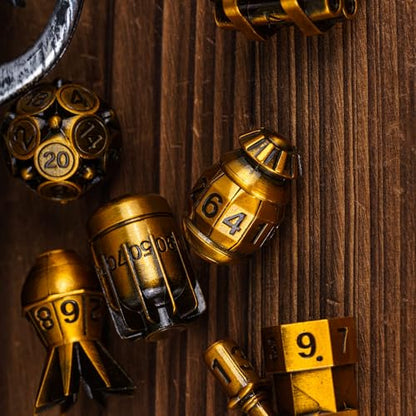 UDIXI Metal DND Dice Set 7PCS RPG Polyhedral Metal D&D Dice Set AncientGold | Bomb Shape, Solid Metal, Cool Design, Leather Pouch Packaging, for Dungeons and Dragons Role Playing Games Tabletop Games - color: Ancient Golden
