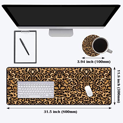 Desk Pad Mat Gaming Mouse Pads with Coasters Set, Stitched Edges Design Mouse Pad XXL Large Mouse Pad for Laptop Computers Leopard Print Desk Writing Mat for Office & Home 31.5"x 11.8" - color: Leopard Print
