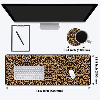 Desk Pad Mat Gaming Mouse Pads with Coasters Set, Stitched Edges Design Mouse Pad XXL Large Mouse Pad for Laptop Computers Leopard Print Desk Writing Mat for Office & Home 31.5"x 11.8" - color: Leopard Print