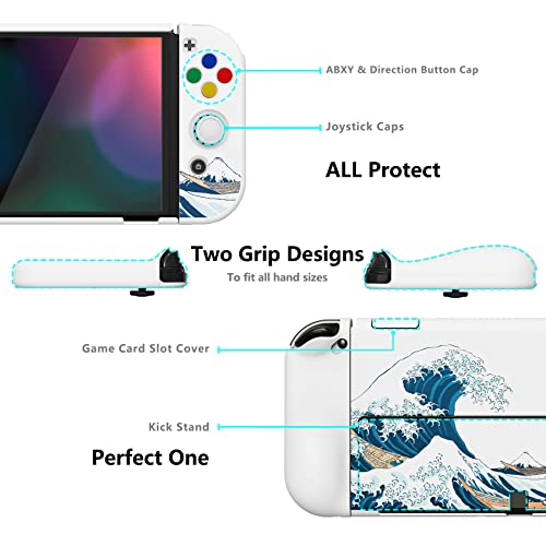 PlayVital AlterGrips Protective Slim Case for Nintendo Switch OLED, Ergonomic Grip Cover for Joycon, Dockable Hard Shell for Switch OLED w/Thumb Grip Caps & Button Caps - color: The Great Wave off Kanagawa