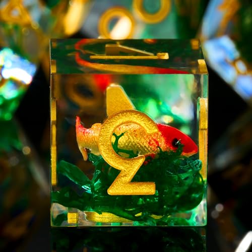 Moss and Koi Fish DND Dice Set - 7Pcs Sharp Edge Resin Polyhedral Game Dice for D&D RPG - Includes D20, D12, D10, D8, D6, D4 - Moss Agate Fish Design(Gold) - color: Gold