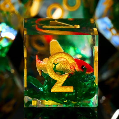 Moss and Koi Fish DND Dice Set - 7Pcs Sharp Edge Resin Polyhedral Game Dice for D&D RPG - Includes D20, D12, D10, D8, D6, D4 - Moss Agate Fish Design(Gold) - color: Gold