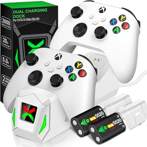 Controller Charger Station with 2x5520mWh Rechargeable Battery Packs for Xbox One/Series X|S,Dual Charging Dock for Xbox One Controller with 4 Battery Covers - color: White - 2 Batteries
