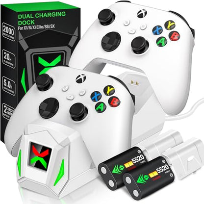 Controller Charger Station with 2x5520mWh Rechargeable Battery Packs for Xbox One/Series X|S,Dual Charging Dock for Xbox One Controller with 4 Battery Covers - color: White - 2 Batteries