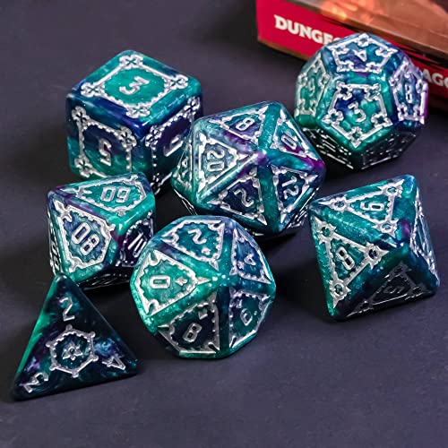 cusdie 7 Pcs 25mm Giant DND Dice with Dragon Eye Dice Bag, Polyhedral Dice Set, D&D Dice for Pathfinder RPG(Green/Purple) - color: Green/Purple