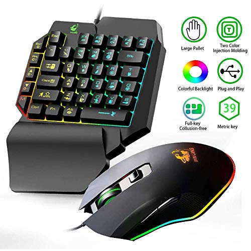 One Hand Gaming Keyboard and Mouse Combo, Wired 39 Keys Mechanical Feel Rainbow Backlit with Wrist Rest For PC/Xbox/PS4 Portable Mini Single-Handed Keyboard&RGB Gaming Mouse(Black)