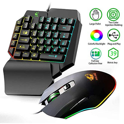 One Hand Gaming Keyboard and Mouse Combo, Wired 39 Keys Mechanical Feel Rainbow Backlit with Wrist Rest For PC/Xbox/PS4 Portable Mini Single-Handed Keyboard&RGB Gaming Mouse(Black)