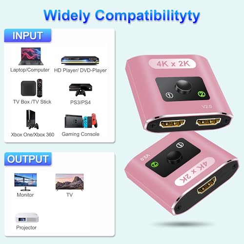 HDMI Switch Splitter 4K@60Hz, Aluminum HDMI 2.0. Bi-Directional Switch Supports 2 in 1 out or 1 in 2 out, Ideal for Connecting Devices Like Xbox, PS5/4/3, Blu-Ray players, Fire Stick, Roku, and HDTVs. - color: Pink