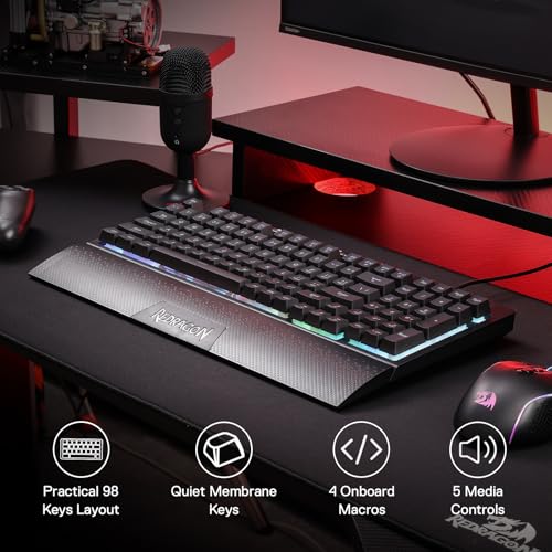 Redragon K515 Shiva Wired RGB Membrane Gaming Keyboard, 98 Keys Mechanical-Feel Keyboard w/Smooth Linear Switch, On-Board Macro & Dedicated Multimedia Keys, Detachable Wrist Rest, Software Supported - color: Black, size: 98 Keys