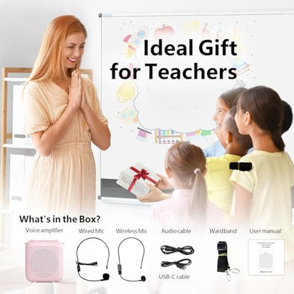 Voice Amplifier with Bluetooth, Portable Speaker with Microphone | Wireless Microphone Headset Speaker for Teacher, Mini Megaphone Sound Amplifier for Classroom, Tour Guides, Speaking - color: Pink - 15W