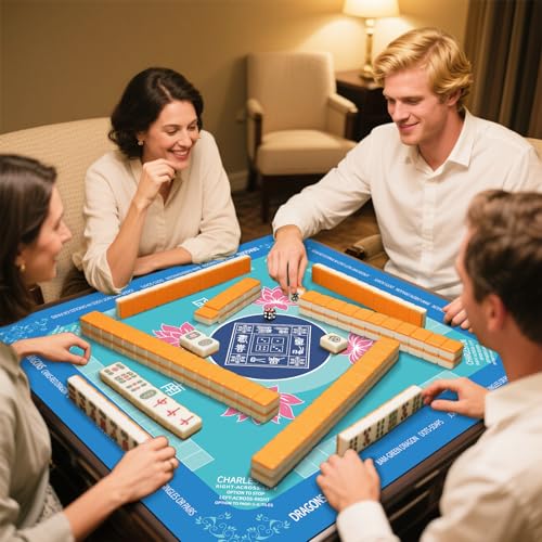 Mahjong Mat 31.5" x 31.5" Mahjong Table Mat with Rules Anti Slip Noise Reduction Lotus Flower Gaming Tablecloth for Poker, Card, Board Tile Games Mah Jongg Table Cover with Carrying Bag (Blue) - style: Blue Flower