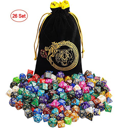 CiaraQ 182pcs Polyhedral Dice Set for Dungeon and Dragons MTG Table Games | 26 Acrylic Role Playing Dice sets for D&D with Large Drawstring Bag. 7 per set (D4-D20), Lightweight & durable. Ages 14+. - color: 26 Colors-classic Font