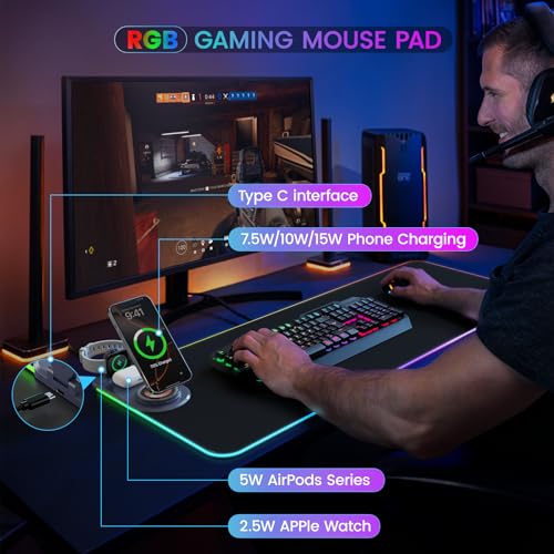15W Wireless Charging Mouse Pad with Phone Holder&20W Power Adapter, RGB Gaming Mouse Pad, 15 Lights Mode 31.5"x11.8" XXL Large Desk Pad,Ultra-Smooth Surface,Non-Slip Rubber Base