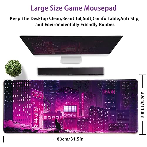Gaming Laptop Mouse Pad,Sea Wave Big Mice Pads PC Keyboard Waterproof and Non-Slip 31.5" x 11.9" 0.12" Thick XL,XXL Rubber Table Mat, Purple Cyberpunk City Night View - color: Japaese Anime, size: 31.5" x 11.9"
