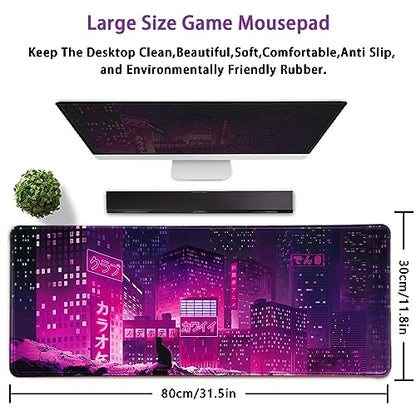 Gaming Laptop Mouse Pad,Sea Wave Big Mice Pads PC Keyboard Waterproof and Non-Slip 31.5" x 11.9" 0.12" Thick XL,XXL Rubber Table Mat, Purple Cyberpunk City Night View - color: Japaese Anime, size: 31.5" x 11.9"