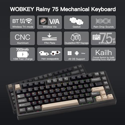 KEEBMONKEY WOBKEY Rainy 75 CNC Aluminum HMX/JWK/Cocoa Switches Triple-Mode Connectivity Mechanical Keyboard with Superior Acoustics, RGB/FR4/Silver SUS304/7000mAh/Cocoa Switch (Pro - Black) - style: Pro - Black